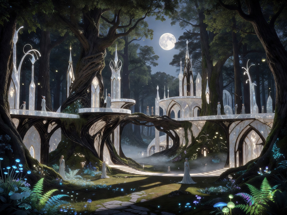 Elegant elf city hidden within a moonlit forest clearing