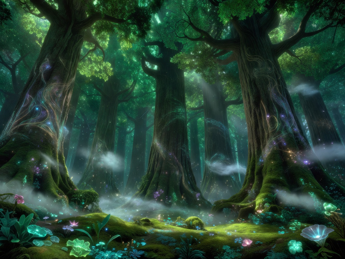 Giant magical trees in an emerald woodland landscape
