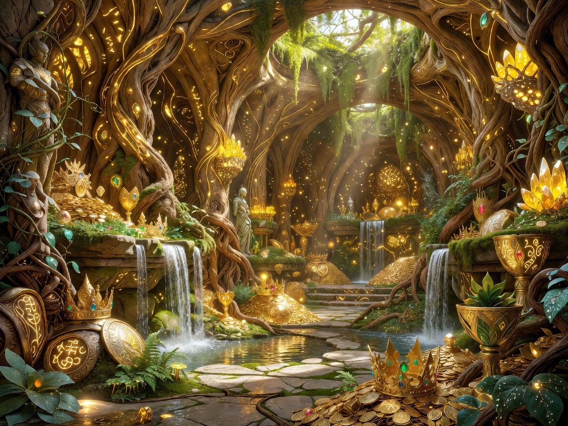 Golden elven treasure chamber infused with nature